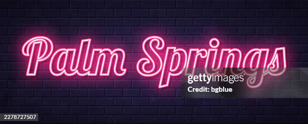palm springs – leuchtender neontext auf backsteinmauer-hintergrund - palm springs stock-grafiken, -clipart, -cartoons und -symbole