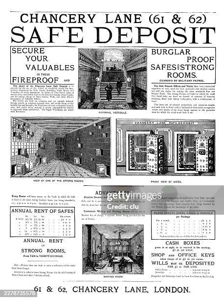 chancery lane safe deposit advertisement from 1886 — a victorian security advert shows strong rooms, safes and vaults for protecting valuables in london - private property stock illustrations