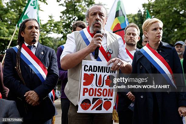 Ecologiste et Social's MPs Steevy Gustave, Benoit Biteau, Nicolas Bonnet and Clementine Autain take part in a protest ahead of a debate at the...