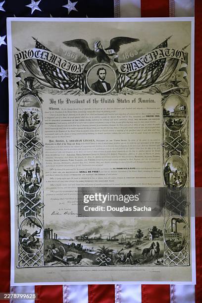 emancipation proclamation document on a usa flag - proclamation stock pictures, royalty-free photos & images