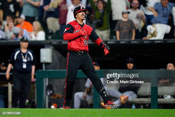 Miguel Vargas of the Chicago White Sox celebrates a walk-off home run in the tenth inning of a game against the Detroit Tigers at Rate Field on May...