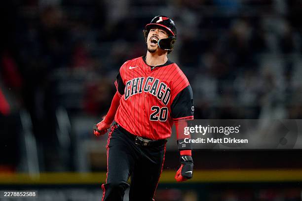 Miguel Vargas of the Chicago White Sox celebtrates a walk-off home run in the tenth inning of a game against the Detroit Tigers at Rate Field on May...