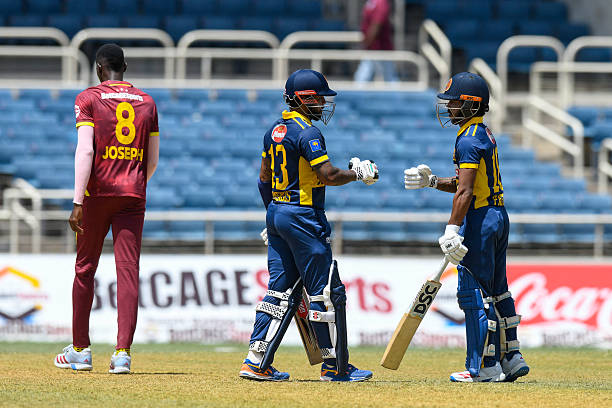 Kusal Mendis and Pathum Nissanka of Sri Lanka 50 runs partnership during the 1st One Day International cricket match between West Indies and Sri...