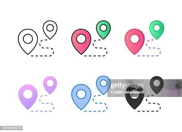 map pin with path distance icon. 6 different styles. editable stroke. - path logo stock illustrations