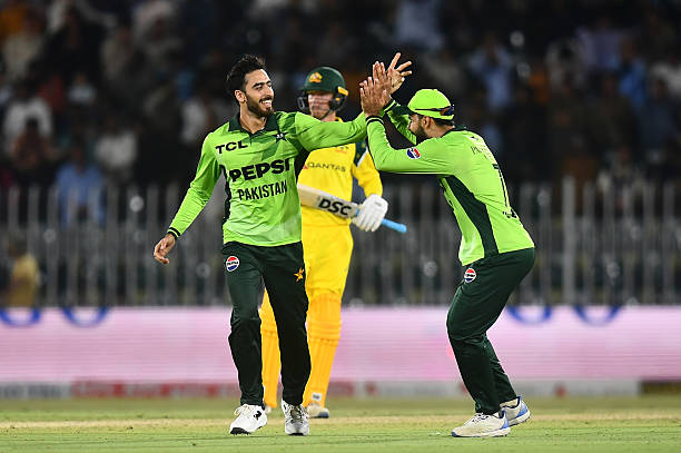 Arafat Minhas of Pakistan celebrates wicket of Nathan Ellis of Australia during game one of the One Day International series between Pakistan and...