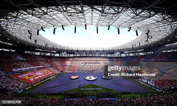 General view inside the stadium as Arsenal and Paris Saint-Germain fans unveil their tifos prior to the UEFA Champions League Final 2026 match...