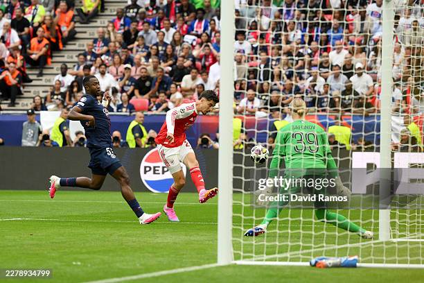 Kai Havertz of Arsenal scores his team's first goal during the UEFA Champions League Final 2026 match between Paris Saint-Germain and Arsenal FC at...