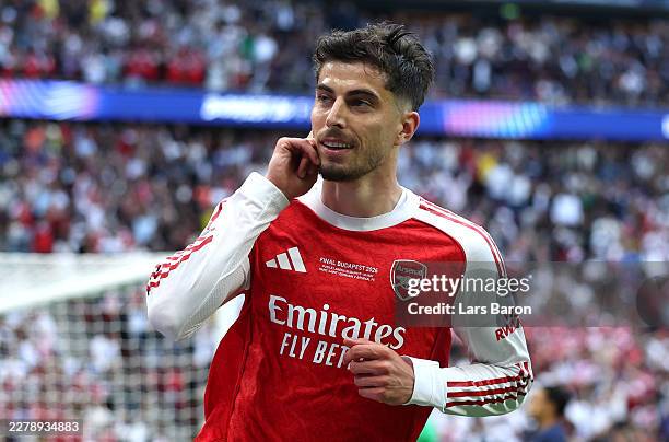 Kai Havertz of Arsenal celebrates scoring his team's first goal during the UEFA Champions League Final 2026 match between Paris Saint-Germain and...
