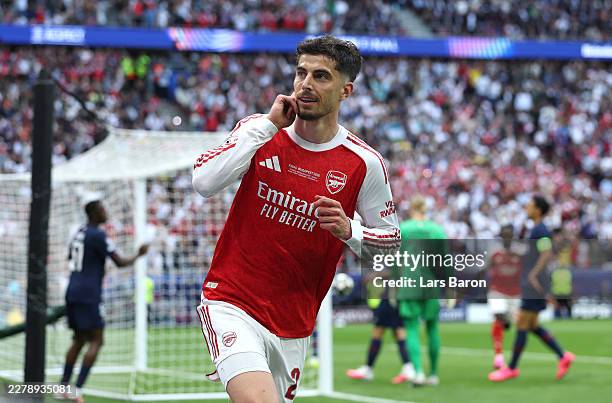 Kai Havertz of Arsenal celebrates scoring his team's first goal during the UEFA Champions League Final 2026 match between Paris Saint-Germain and...