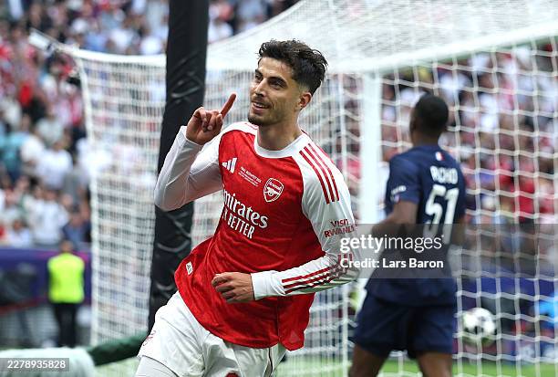Kai Havertz of Arsenal celebrates scoring his team's first goal during the UEFA Champions League Final 2026 match between Paris Saint-Germain and...