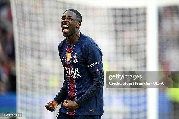 Ousmane Dembele of Paris Saint-Germain celebrates scoring his team's first goal from the penalty spot during the UEFA Champions League Final 2026...