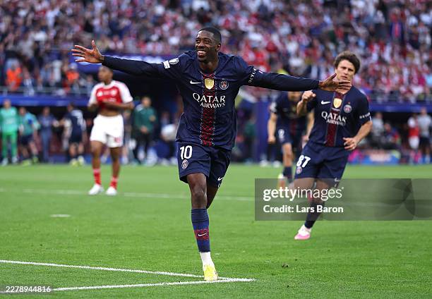Ousmane Dembele of Paris Saint-Germain celebrates scoring his team's first goal from a penalty kick during the UEFA Champions League Final 2026 match...