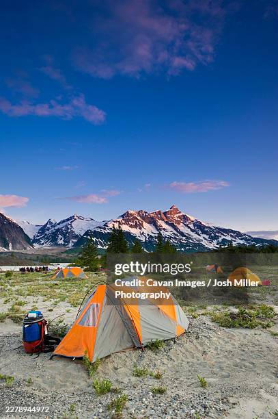 sunset camp along the alsek river - alsek river stock pictures, royalty-free photos & images