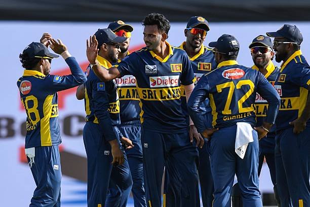 Dushmantha Chameera of Sri Lanka celebrates the dismissal of Shai Hope of West Indies during the 1st ODI match between West Indies and Sri Lanka at...