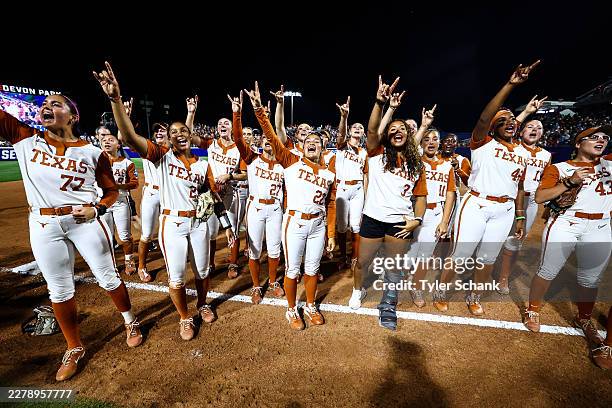 Texas Longhorns celebrates after winning game one of the Division I Softball Championship series held at Devon Park on June 3, 2026 in Oklahoma City,...