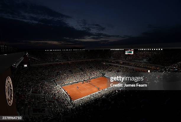 General view of Court Philippe-Chatrier and Felix Auger-Aliassime of Canada against Brandon Nakashima of United States in their Men's Singles third...