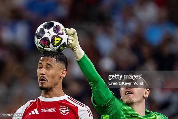 William Saliba of Arsenal and Matvey Safonov of Paris Saint-Germain in action during the UEFA Champions League Final 2026 match between Paris...