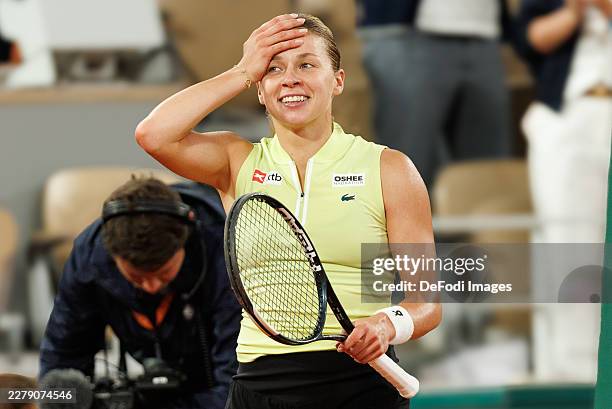 Paris, France Maja Chwalinska of Poland celebrates after claiming victory over Diana Shnaider in their semi final match during Day Twelve of the 2026...