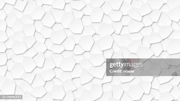 white hexagonal tiles overlap in a scattered layered pattern, creating a clean geometric surface with soft shadows, subtle depth, and a minimalist monochrome look. - white cube stock illustrations