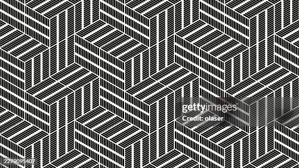 black and white geometric pattern of repeating 3d block shapes arranged in a tightly packed tessellated design with strong contrast and optical rhythm. - 3d printer stock illustrations