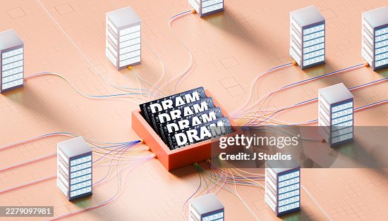 Advanced computing facility visualization with DRAM chips in central orange container linked to server towers via vibrant wires on gridded surface Advanced computing facility visualization with DRAM chips in central orange container linked to server towers via vibrant wires on gridded surface