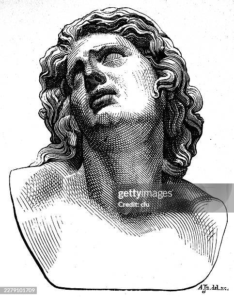 marble bust of the dying alexander featuring a head tilted back with an expression of intense suffering and thick curls of hair, shown in a 19th-century wood engraving of the famous ancient hellenistic sculpture, italy - suffering face stock illustrations