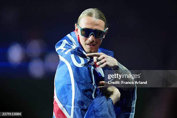 Matvey Safonov of Paris Saint-Germain celebrates during the Paris Saint-Germain Trophy Celebration, following Paris Saint-Germain's victory in the...