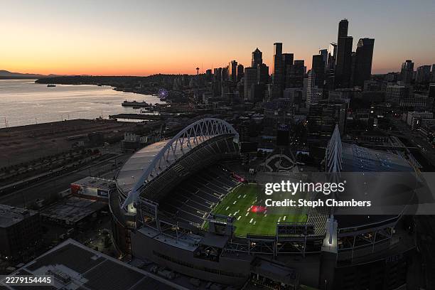 In an aerial view, Seattle Stadium, temporarily renamed from Lumen Field, stands ahead of the FIFA World Cup 2026 on May 31, 2026 in Seattle,...