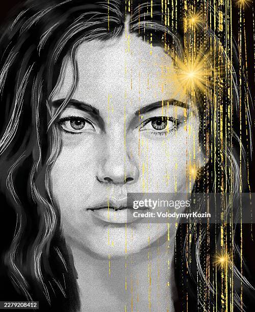 human portrait and artificial intelligence series: beautiful young woman looking forward with cyber gold matrix streams - sun spots face stock illustrations