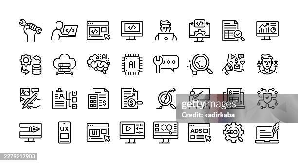 hard skills line icon set. group of objects. - software development team stock illustrations