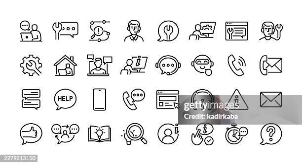 helpdesk line icon set. group of objects. support ticket, customer support, it support, service, desk, live chat. - headset icon stock illustrations
