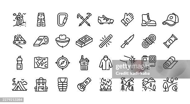 ilustraciones, imágenes clip art, dibujos animados e iconos de stock de conjunto de iconos de línea de senderismo. grupo de objetos. - barra de cereal