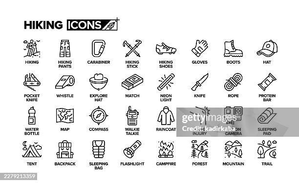 ilustraciones, imágenes clip art, dibujos animados e iconos de stock de conjunto de iconos de línea de senderismo. grupo de objetos. - barra de cereal