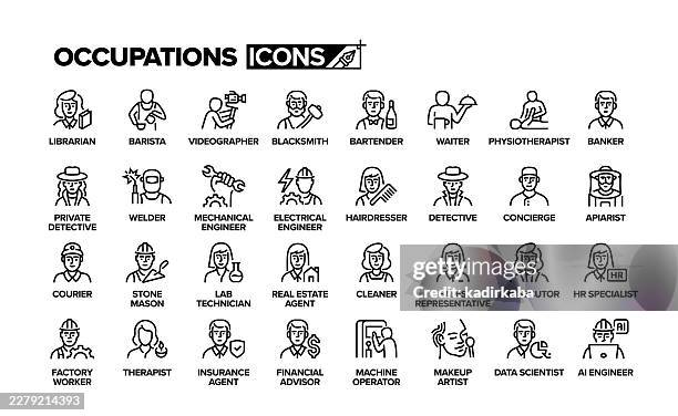 occupation line icon set. group of objects. - mechanical engineering stock illustrations