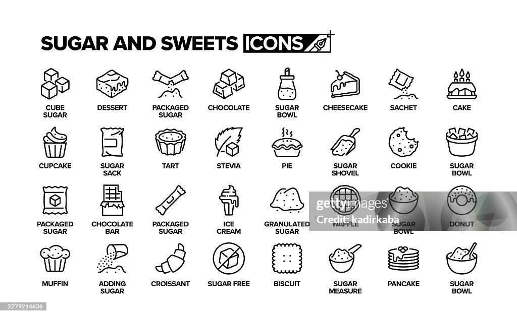 Sugar and Sweets Line Icon Set. Group Of Objects.