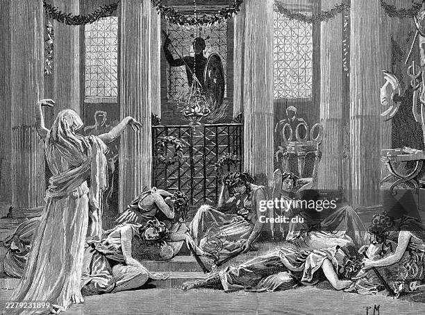 dramatic classical scene depicting the ghost of clytemnestra awakening the sleeping furies inside a temple hall near a dark statue of apollo to seek vengeance against her son orestes, london, prince's hall piccadilly - altar stock illustrations