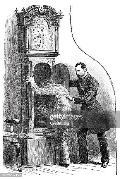 man hiding inside a longcase clock — his companion helps him squeeze into the open case as the room becomes a scene of secrecy and alarm - grandfather clock stock illustrations