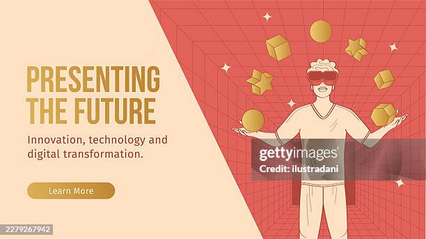 modern technology banner template with man using virtual reality glasses in wireframe digital room in outline style with gold and red colors - man vr headset stock illustrations