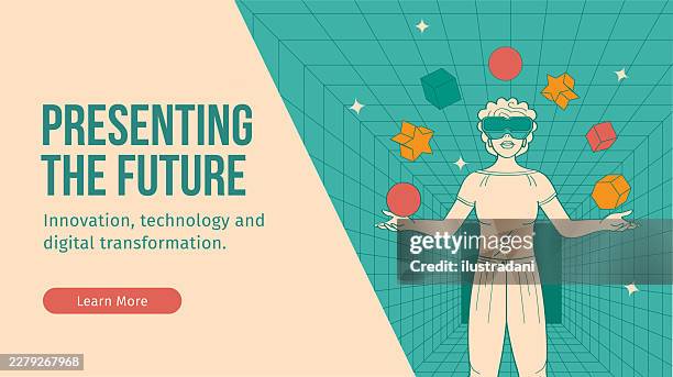 modern technology banner template with woman using virtual reality glasses in green wireframe digital room in outline style - interactive presentation stock illustrations