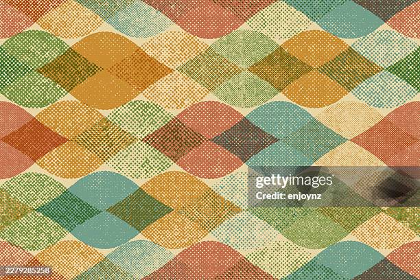 seamless colorful retro halftone textured shapes pattern wallpaper - cmyk shapes stock illustrations