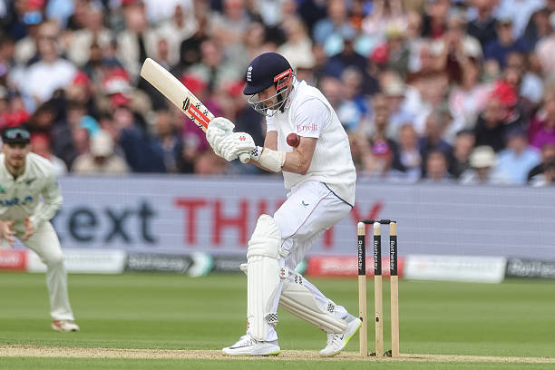 Gus Atkinson of England is hit with a ball off Will O'Rourke of New Zealand during the 1st Rothesay Test Match Day 2 between England and New Zealand...