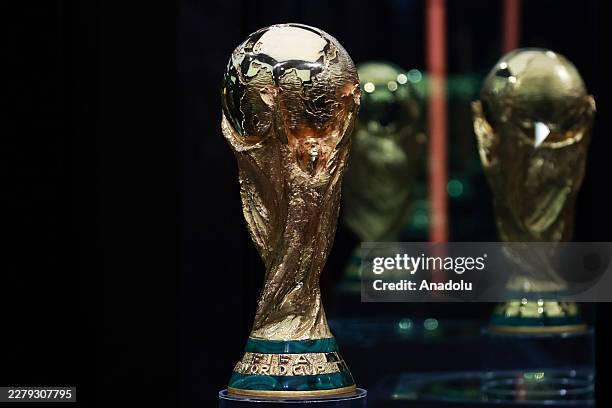 The FIFA World Cup trophy is displayed during the FIFA World Cup Trophy Tour, at Utopia Mixiuhca, in Mexico City, Mexico on June 05, 2026.