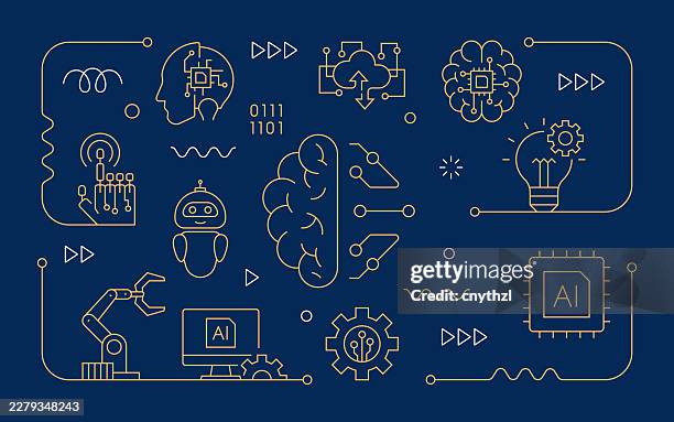 artificial intelligence line banner with icons. humanoid, robot, automation, coding, futuristic - autonomous systems stock illustrations