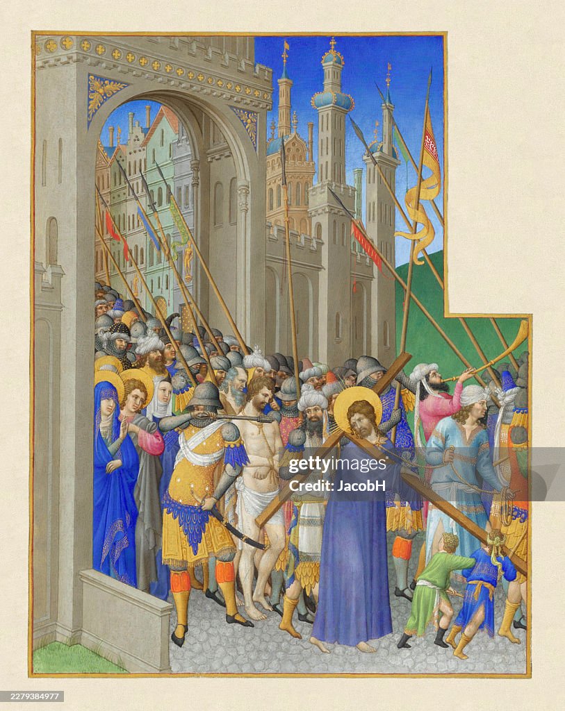 Folio 147 recto from illuminated manuscript Les Tres Riches Heures Du Duc De Berry. Digitally Restored for Damages and Blemishes