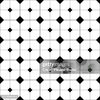 Seamless Black and White Geometric Tile Pattern with Octagonal Shapes and Diamond Accents Seamless Black and White Geometric Tile Pattern with Octagonal Shapes and Diamond Accents