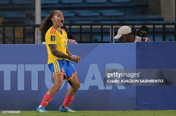 Colombia's forward Gisela Robledo celebrates scoring the opening goal during the CONMEBOL Nations League Women football match between Colombia and...