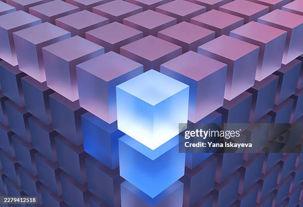 illuminated cube emerging from structured grid symbolizing innovation and breakthrough thinking - emerging technology stock pictures, royalty-free photos & images