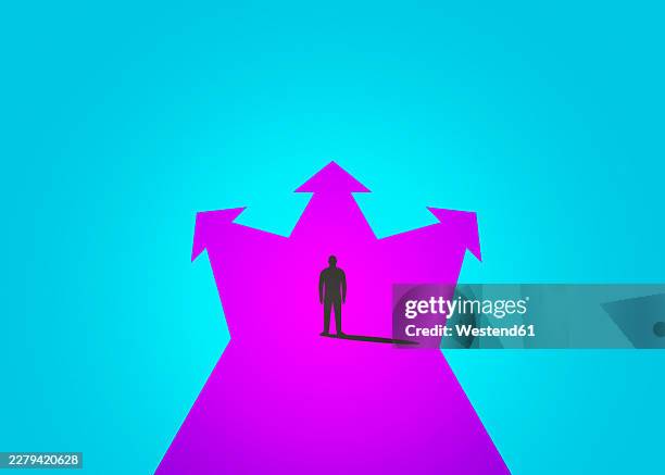 silhouette standing on a magenta arrow splitting into three - conclusion concept stock illustrations