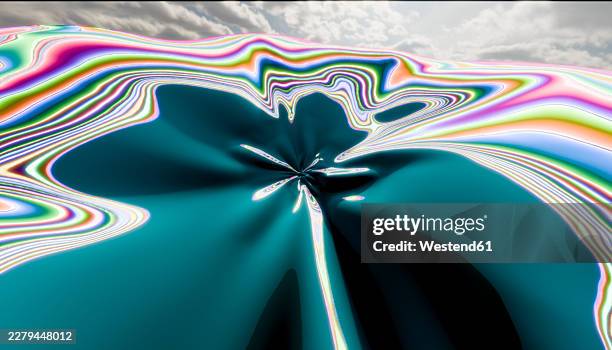 abstract glossy colourful liquid ripple against a cloudy sky - rainbow light reflection stock illustrations