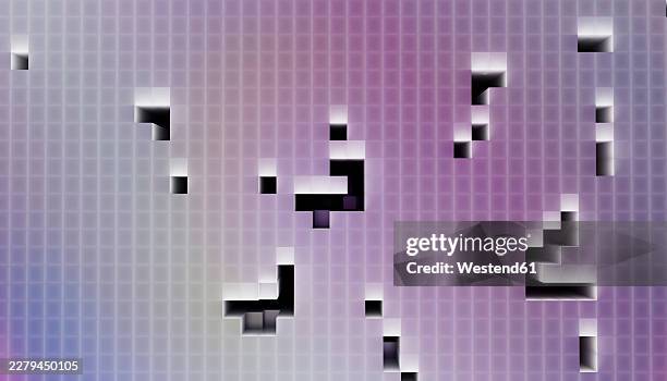 abstract 3d rendering of a purple geometric grid with a missing piece - the gap stock illustrations